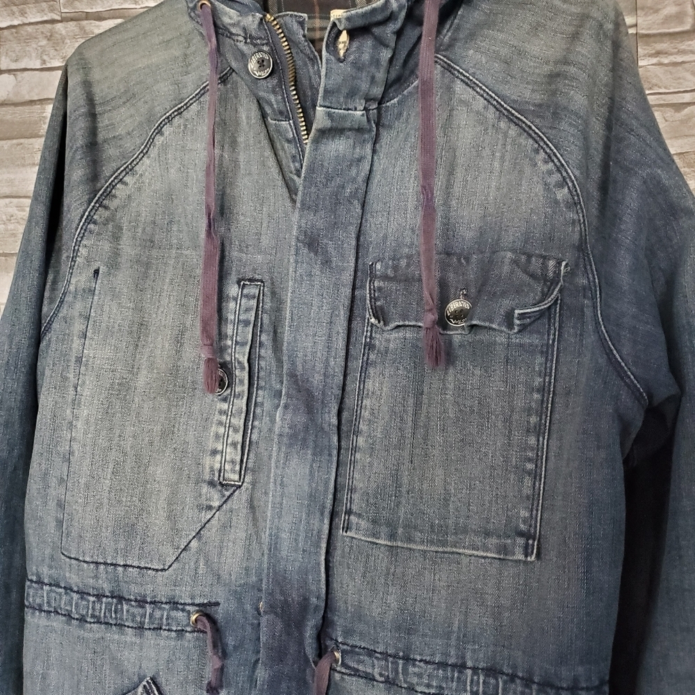 Vintage Volcom Denim Flannel Jacket Full Zip + Button Hooded Heavyweight Size 32 - Picture 4 of 16